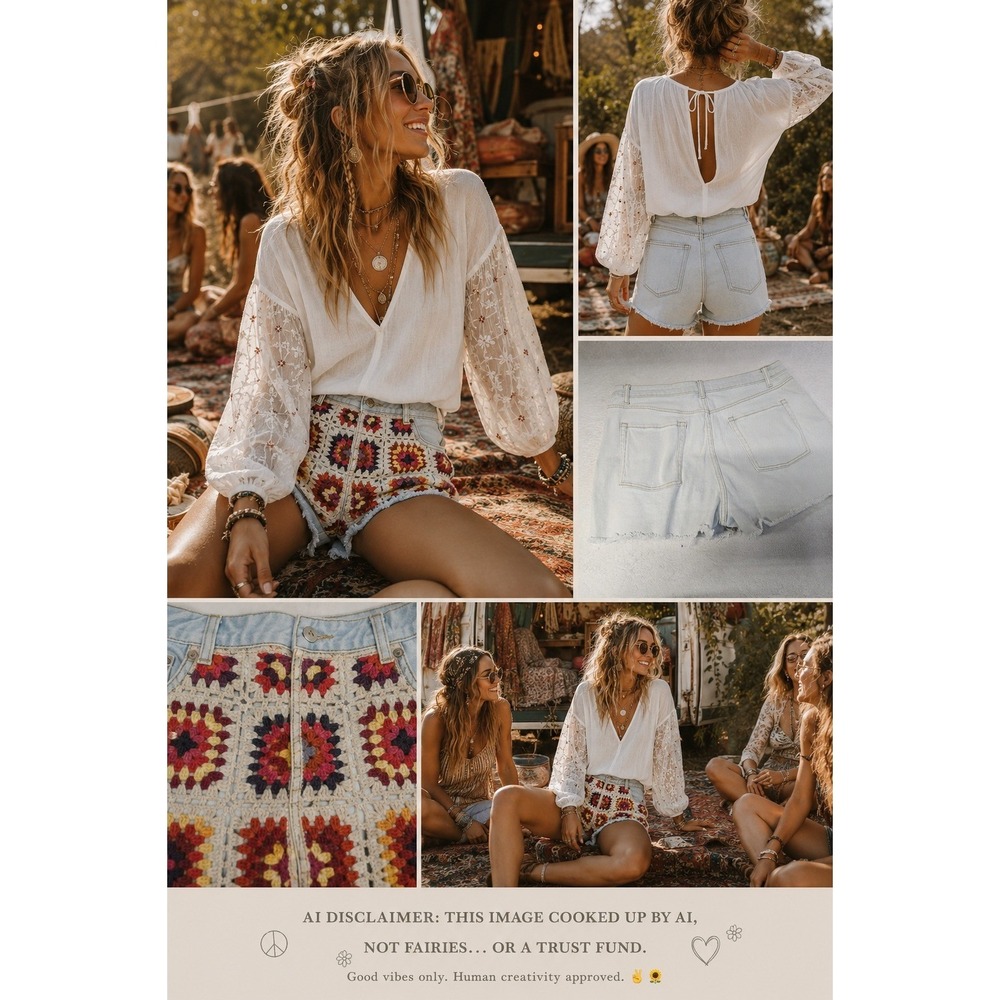 SO Good For Life Crochet Granny Square Denim Shorts Light Wash Boho Size 17/33W